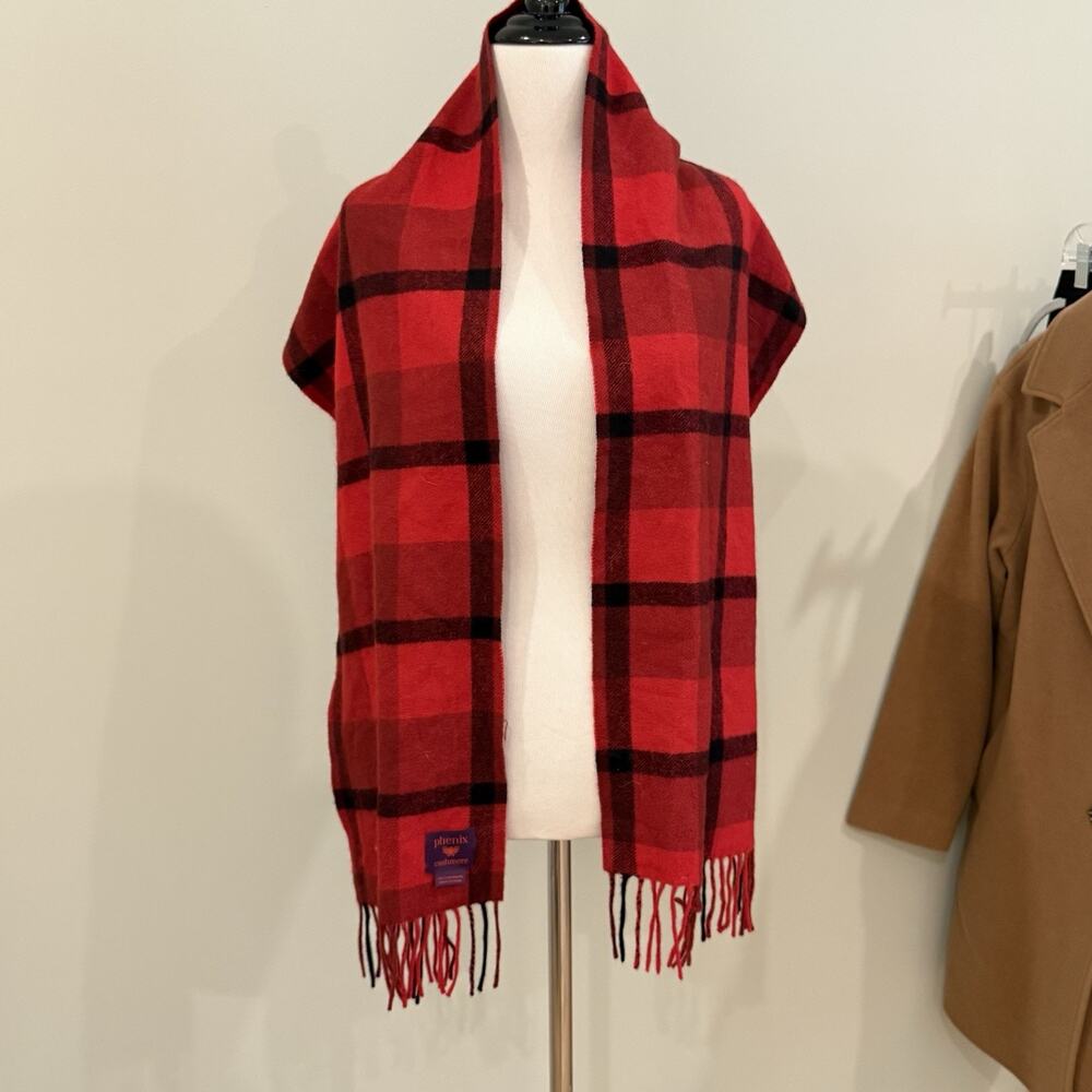 Phenix 100% Cashmere Scarf Red Black Plaid Tartan Fringe Nordstrom Preppy